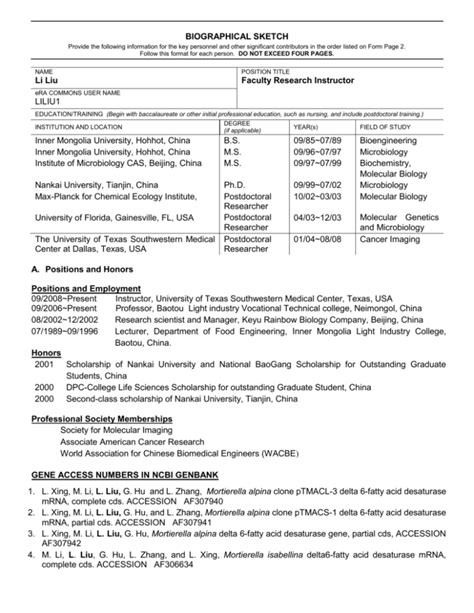 Phs Rev Biographical Sketch Format Page