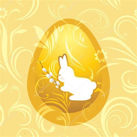Bunny With Pussy Willow Branch On The Ornamental Easter Background