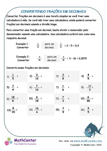 Planilha De Conversão De Frações Em Decimais Planilhas Math Center