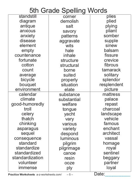 5th Grade Spelling Words List