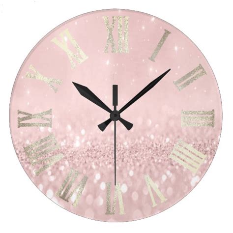 Pink Sepia Gray Silver Glitter Metal Roman Numers Large Clock Zazzle