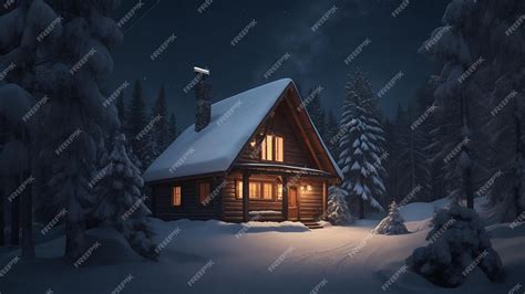 Premium Photo | Cozy Winter Cabin in Snowy Woods under Starry Night Sky