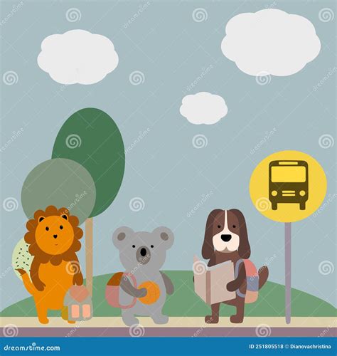 Students Are Waiting For The Bus. A Lion, A Koala And A Dog Study At