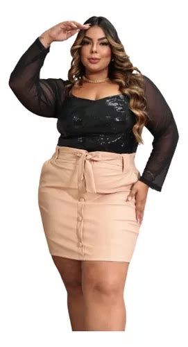 Saia Courino Plus Size Feminina Cós Alto Couro Fake Grande