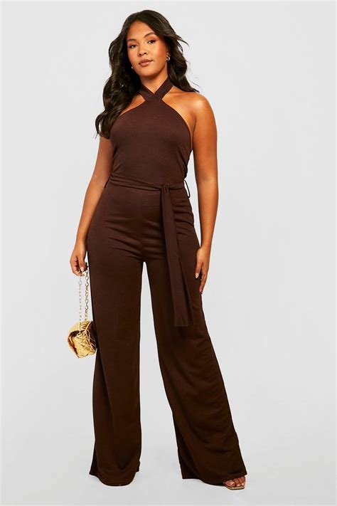 Plus Halterneck Tie Belt Wide Leg Jumpsuit Boohoo Uk