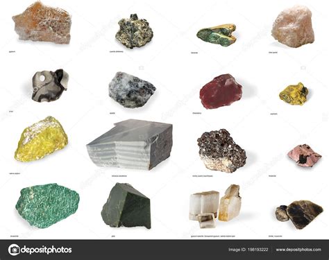 Set From Raw Minerals And Ores With Names Isolated On White Background