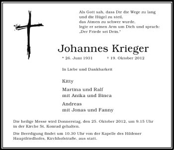 Alle Traueranzeigen für Johannes Krieger trauer rp online de