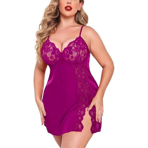Avidlove Plus Size Lingerie For Women Sexy Satin Nightgown Lace Babydoll Side Slit Strappy