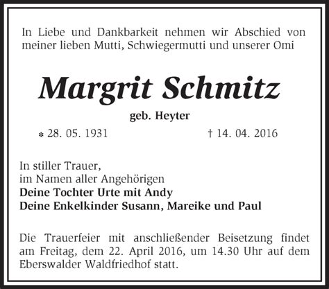 Traueranzeigen Von Margrit Schmitz M Rkische Onlinezeitung Trauerportal