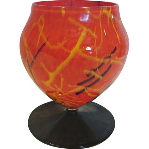 Bohemian Czech Art Glass Vase Orange Spatter W Black Yellow Lines From