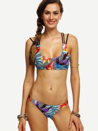 Multicolor Printed Caged Back Bikini Set SheIn Sheinside