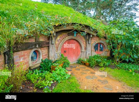 North Island New Zealand May 16 2017 Hobbit House With Red Door