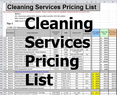 Cleaning Services Pricing List Sample Sheet Excel Sample Contracts