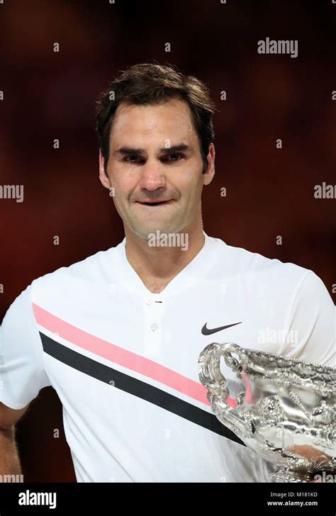 Melbourne Australia 28th Jan 2018 Switzerlands Roger Federer Holds