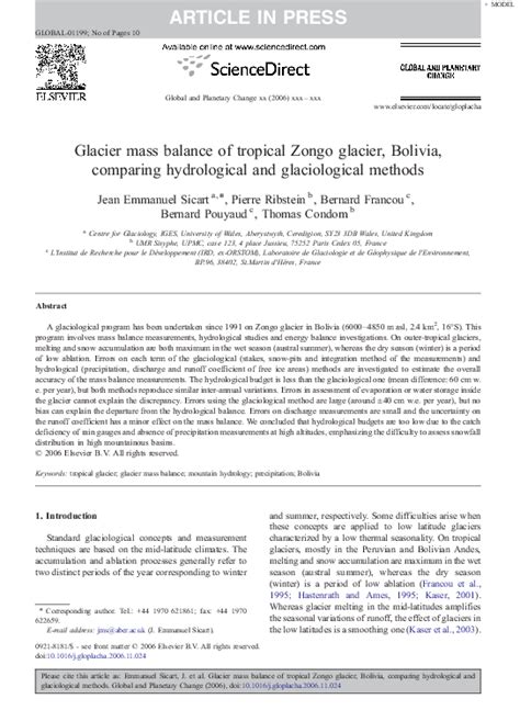 (PDF) Glacier Mass Balance of Tropical Zongo Glacier, Bolivia, Comparing Hydrological and ...