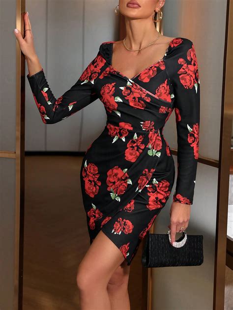 SHEIN Privé Allover Floral Print Sweetheart Neck Tulip Hem Bodycon Dress