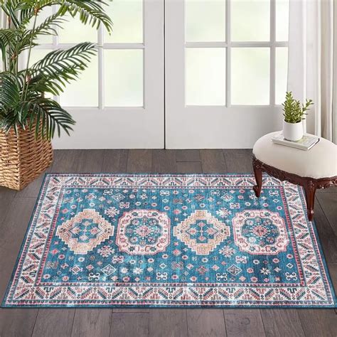 Glowsol X Washable Rug Indoor Floral Print Rug Vintage Distressed