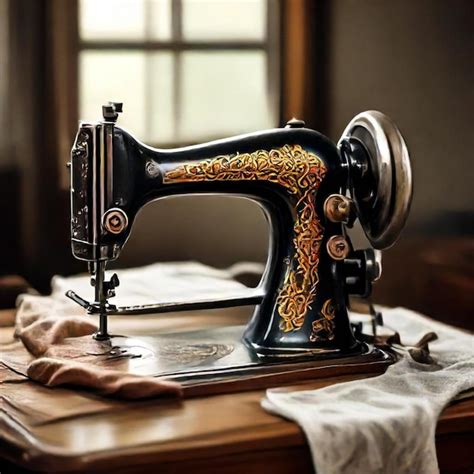 A Sewing Machine Sits On A Table With A White Cloth Premium Ai