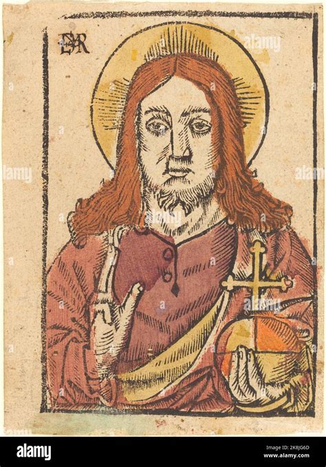 French 15th Century Or Master EMR Salvator Mundi Woodcut Colored