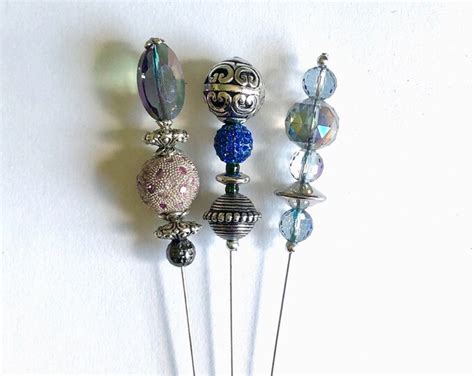 Victorian Style Silver Six Inch Hat Pins Blue Glass Pearls And