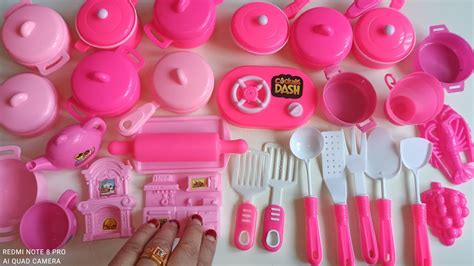 Diy Unboxing Pink Miniature Plastic Full Kitchen Set Collection Toy