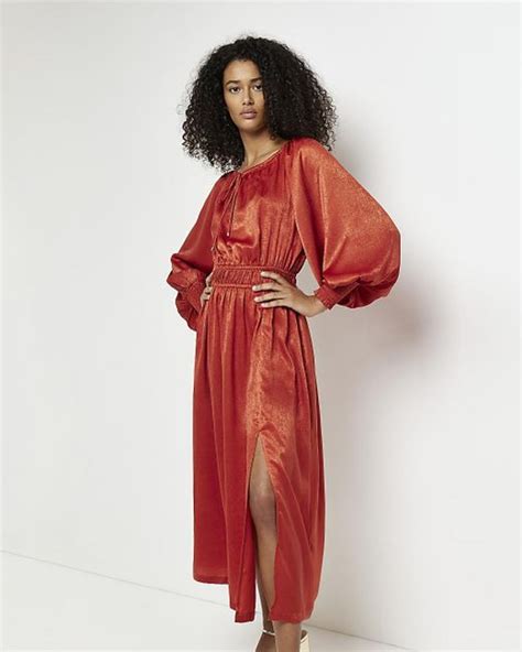 River Island Red Satin Long Sleeve Midi Dress Lyst