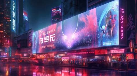 Futuristic Neon City With Billboard At Street Generative AI Stock