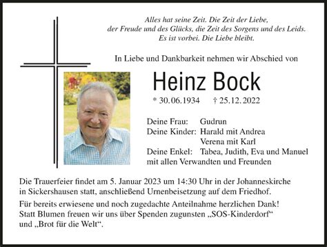 Heinz Bock Traueranzeige Trauer InFranken De