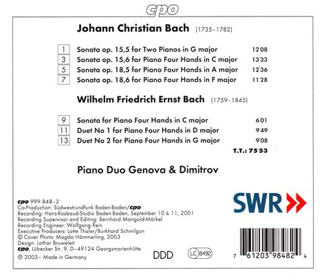 Johann Christian Bach Complete Works For Piano Four Hands Genova