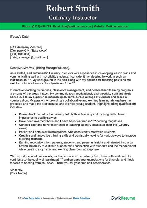 Culinary Instructor Cover Letter Examples QwikResume