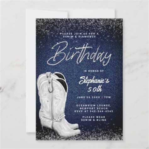 Denim Diamonds Cowgirl Boots Bling Th Birthday Invitation Zazzle