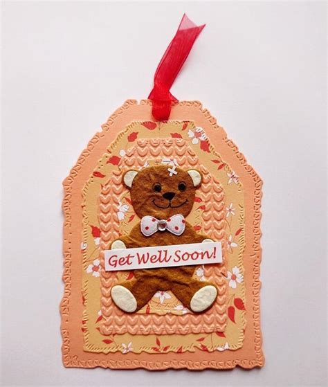Get Well Soon Teddy Bear Embossed Handmade Card Topper Tag P