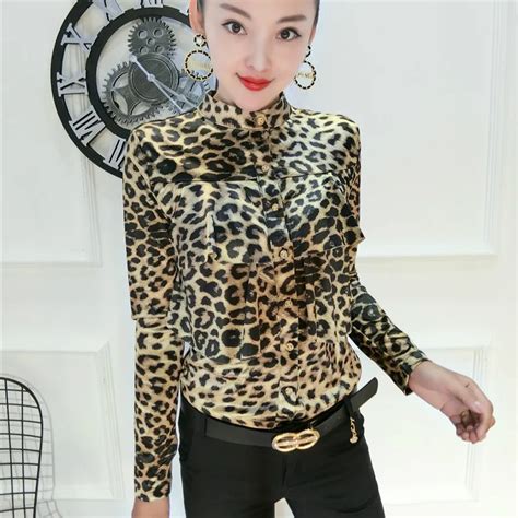 2018 Autumn Long Sleeve Stand Collar Leopard Shirts Women Ruffles