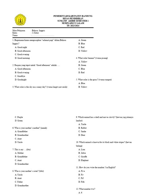 Soal Sumatif Kelas 1 Inggris Pdf