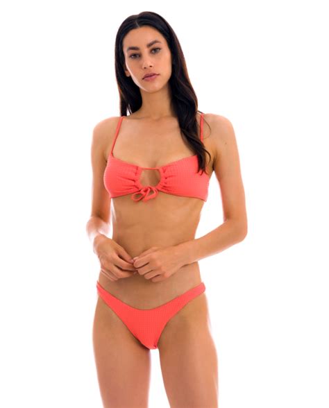 Slip Bikini Sgambato Rosa Corallo Testurizzato Goffrato Bottom Dots