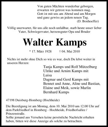 Traueranzeigen Von Walter Kamps Trauer In Nrw De