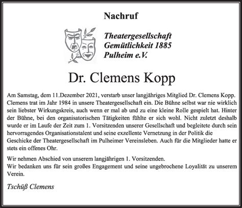 Traueranzeigen Von Clemens Kopp WirTrauern