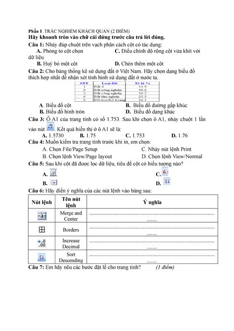 Trac nghiem tin 7 Phần I TRẮC NGHIỆM KHÁCH QUAN 2 ĐIỂM Hãy khoanh