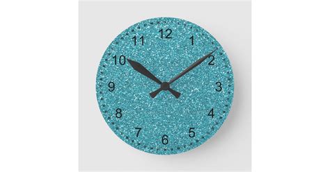 Pretty Aqua Blue Sparkly Faux Glitter Round Clock Zazzle