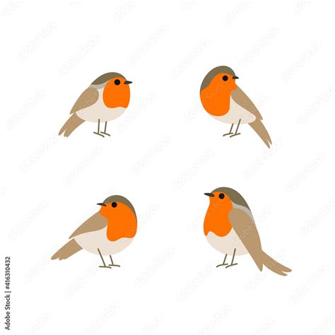 Cartoon Robin Bird Icon Set Cute Bird In Different Poses Vector