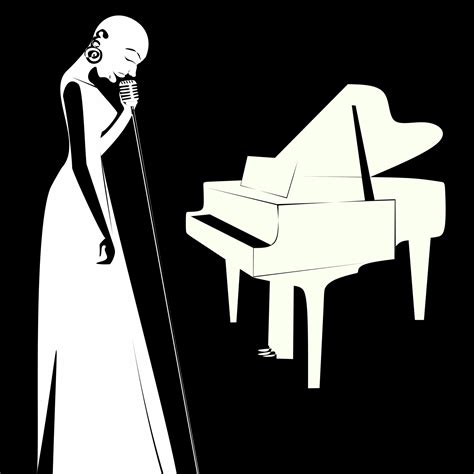 Black Bald Women Jazz Singer Whith Grand Piano In Flat Style Silhouette