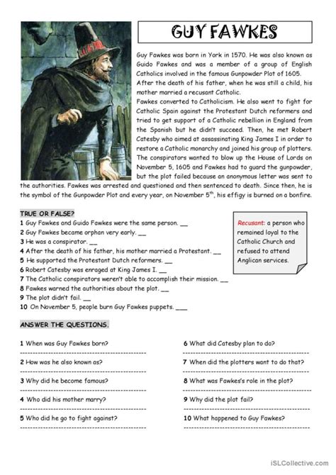 Reading Comprehension Guy Fawkes F… English Esl Worksheets Pdf And Doc