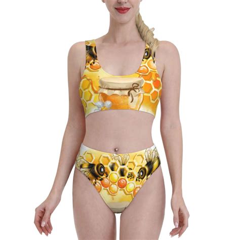 Adobk Honey Bee Print Women High Waisted Bikini Set Sports Swimsuit