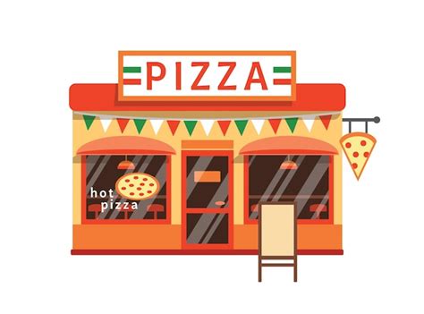 Pizza Winkel Platte Vectorillustratie Pizzeria Gebouw Gevel Met Bord