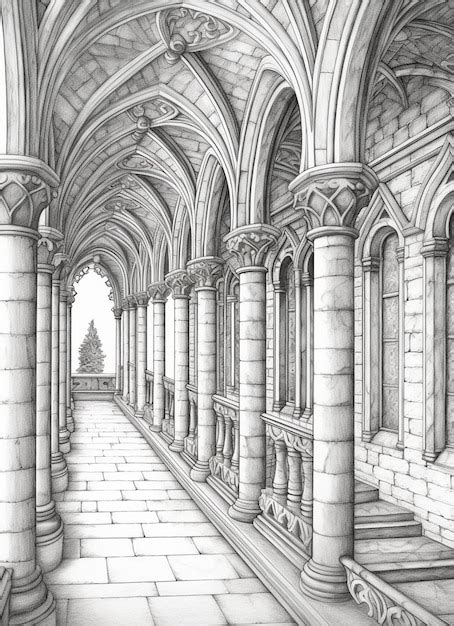 Premium AI Image A Drawing Of A Long Hallway With Columns And A Bench