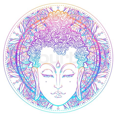 Buddha Face Over Ornate Mandala Round Pattern Esoteric Vintage Vector