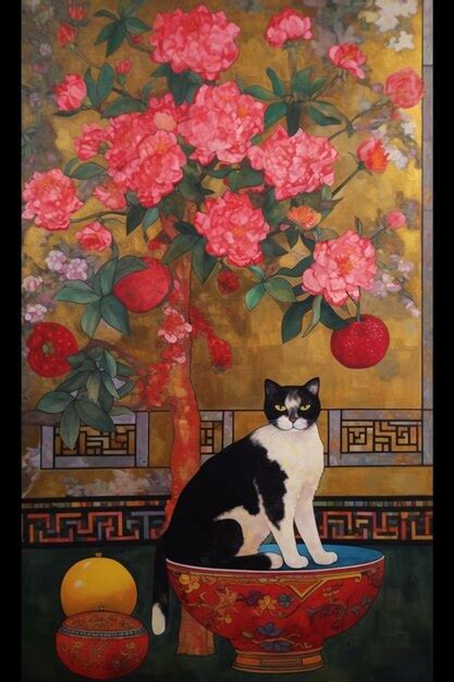 Una Pintura De Un Gato Sentado En Una Mesa Con Un Jarr N De Flores