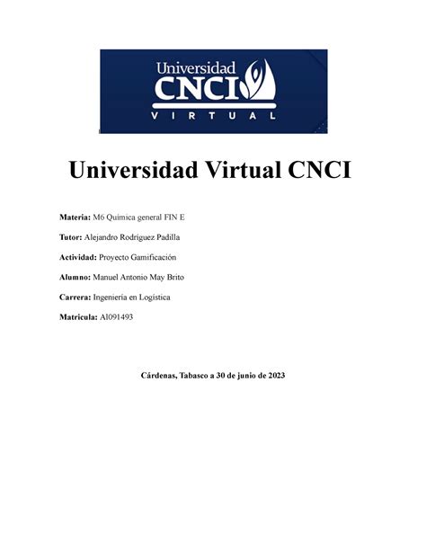 Proyecto Gamificacion I Universidad Virtual CNCI Materia M6 Química