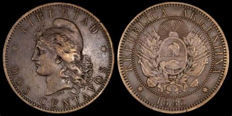 1885 Argentina 2 Centavo Capped Liberty Head Republic Coinage XF