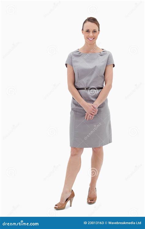 Smiling Woman Standing Up And Holding Her Hands Stock Image Image Of